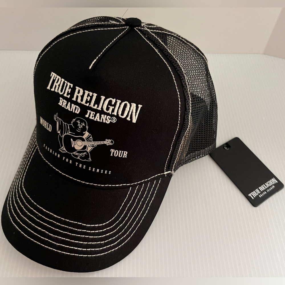 True Religion 5 Panel 3D Embroidered+ Heat Transferred Buddha Logo Outline hat